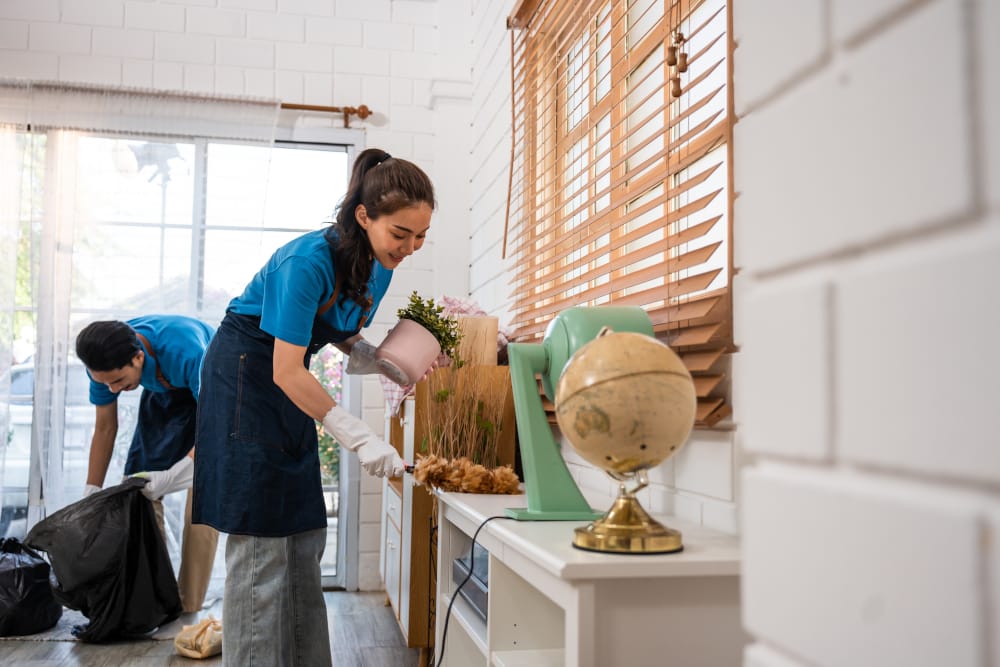 Professional cleaners dusting and tidying a home interior during a cleaning service