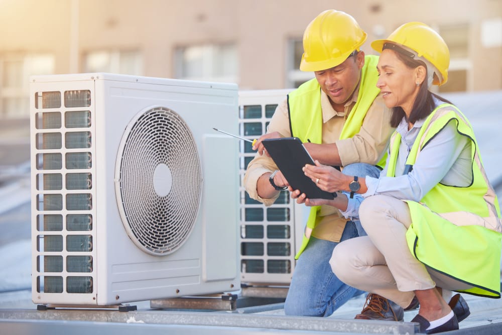 Two professionals reviewing an air conditioning system during installation or service maintenance.