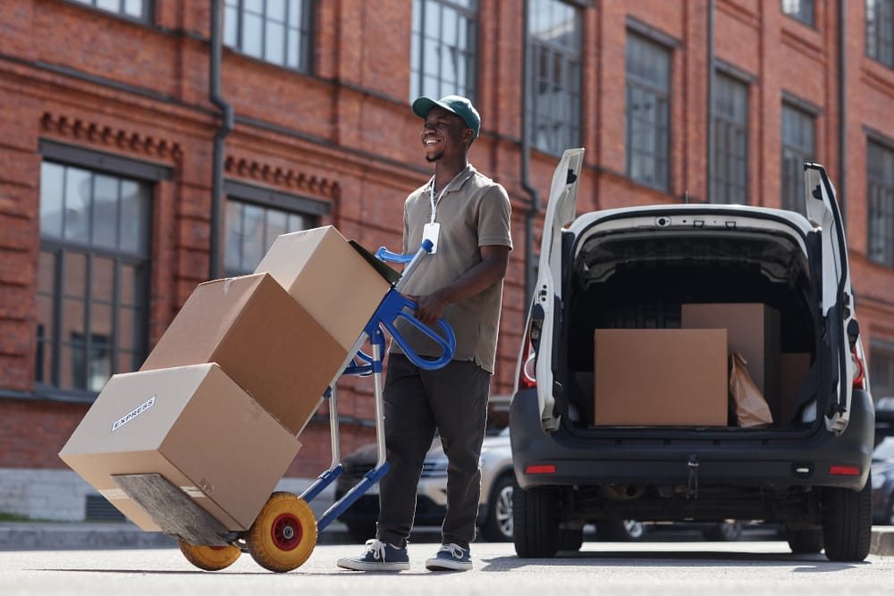 Professional mover with dolly unloading boxes for home and business removals from van in urban area