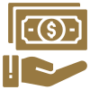 Gold icon of a hand holding money symbolizing payment